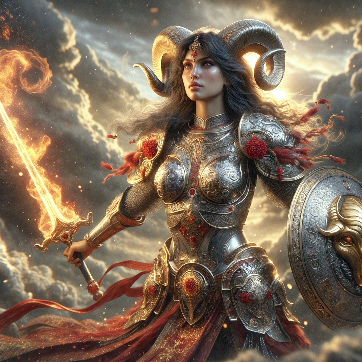 The primary subject of the image is a woman dressed in a medieval-style armor, holding a sword. She is standing in front of a cloudy sky, which serves as the setting for the scene. The visual style of the image is digital art, as it is a detailed and intricate illustration of the woman. The colors and mood of the image are dark and dramatic, with the woman's armor and the cloudy sky creating a sense of intensity and power.